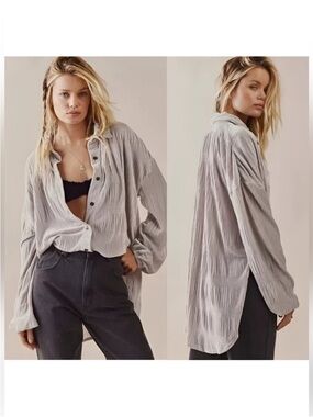 FREE PEOPLE My Best Velvet Crinkle Button Shirt Gray Oversized Sz M